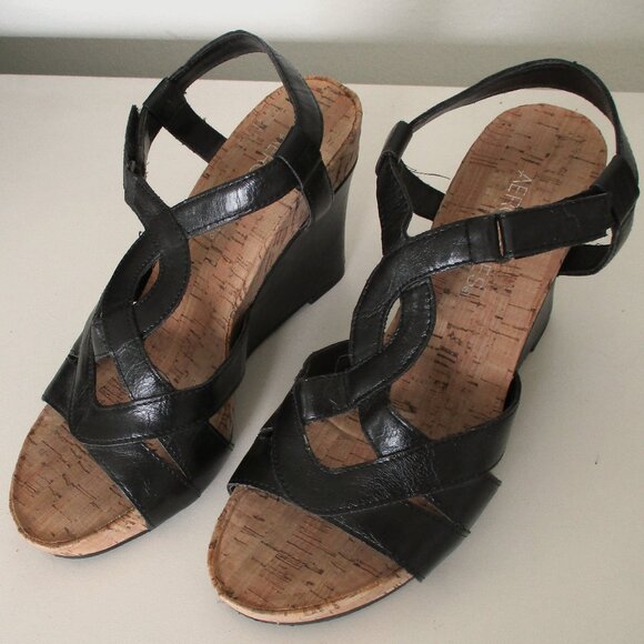 Aerosoles "Wonderplush" Womens Black Ankle-strap Slide w/3.5" Wedge Heel-Size 6M - Picture 1 of 9